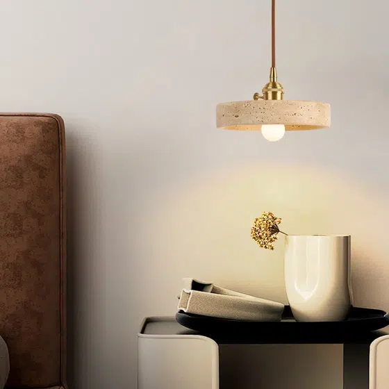 H11cm Yellow Travertine Stone Pendant Lamp in Yellow Travertine and Wood and Metal, scale view
