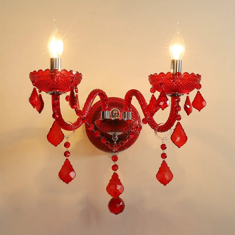 1-5 Heads Red Crystal Glass Wall Lamp in Glass and Iron and Crystal, product photograph