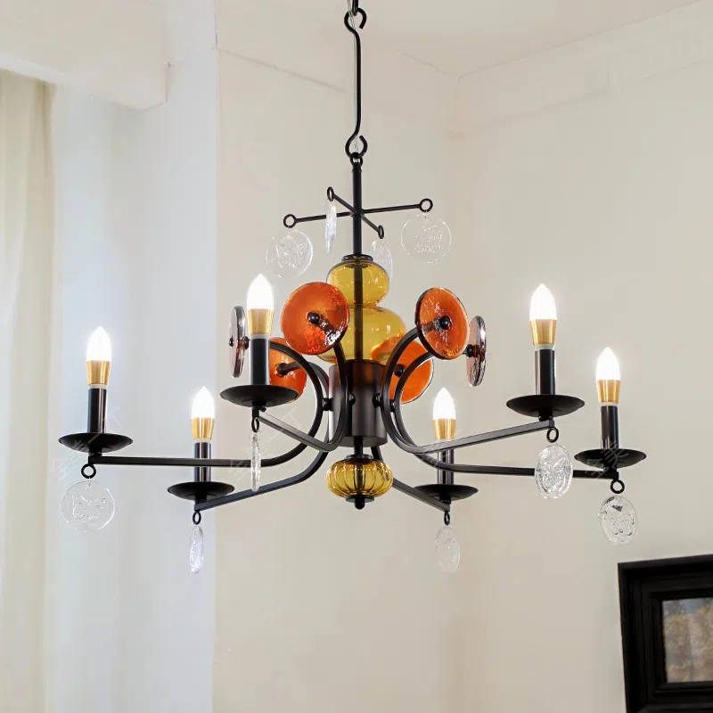 5-8 Heads Retro Iron Glass Pendant Lamp in Iron Plating and Glass, product photograph