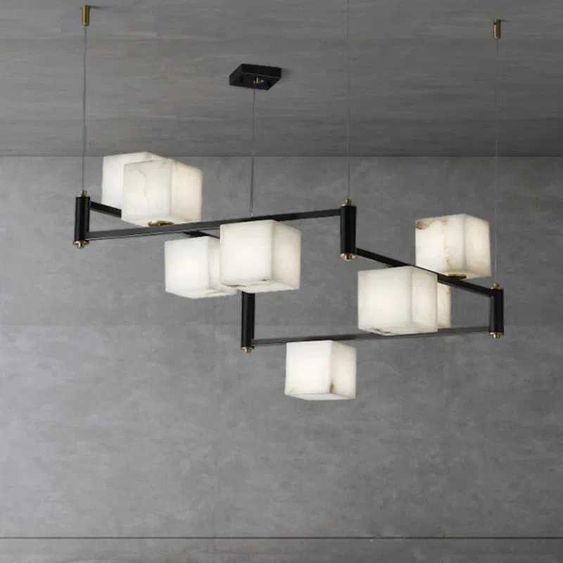 6-9 Heads Cube Marble Pendant Light in Copper and Marble, product photograph