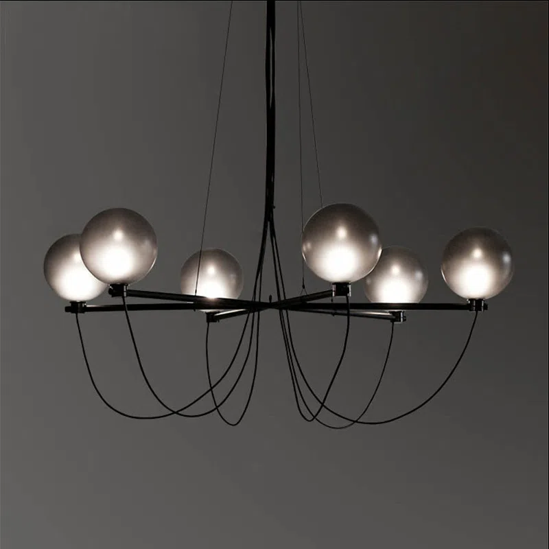 6 Heads Black Glass Pendant Light in Glass and Iron Plating, product photograph