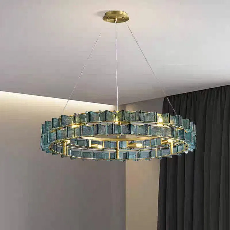 E14 Amber Blue Clear Glass Pendant Lamp in Iron Plating and Glass, product photograph