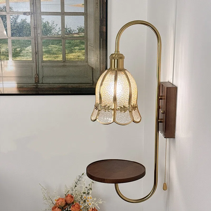 Vintage Nordic Amber Small Flower LED Glass Wall Lamp in Iron and Wood and Glass, product photograph