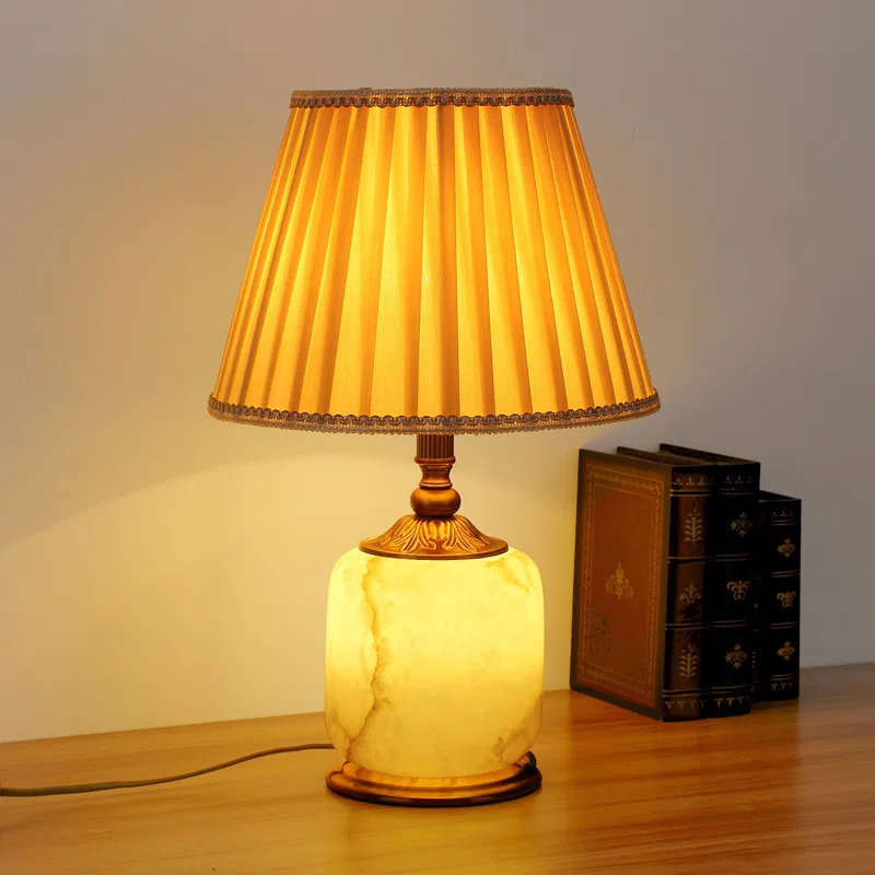 European Art Ceramic Marble LED Table Lamp in Copper and Marble and Fabric, product photograph