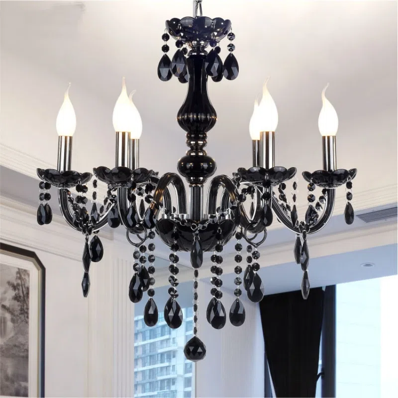 Black Crystal Candle Chandelier in Iron and Crystal and Glass and Fabric, product photograph