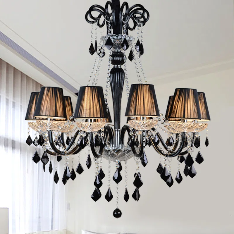 Black Crystal Glass Chandelier in Iron and Crystal and Glass and Fabric, product photograph