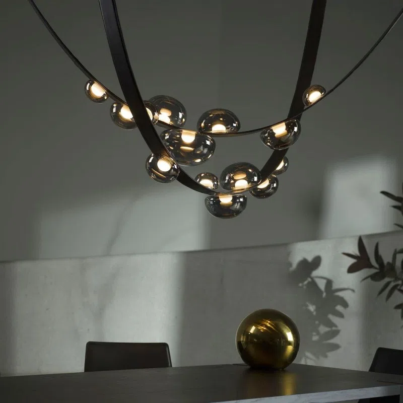 Black Leather Glass Pendant Light in Leather and Glass and Stainless Steel, product photograph