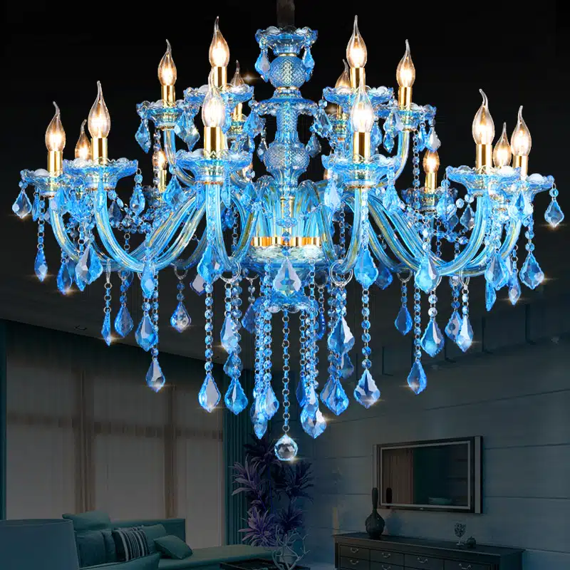 Blue Candle Crystal Chandelier in Iron and Crystal and Glass and Fabric, product photograph