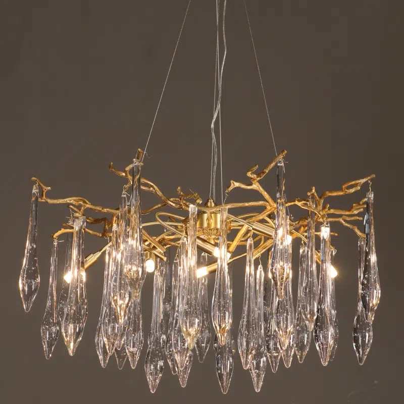Brass Branch Glass Raindrop Chandelier in Copper and Glass, product photograph