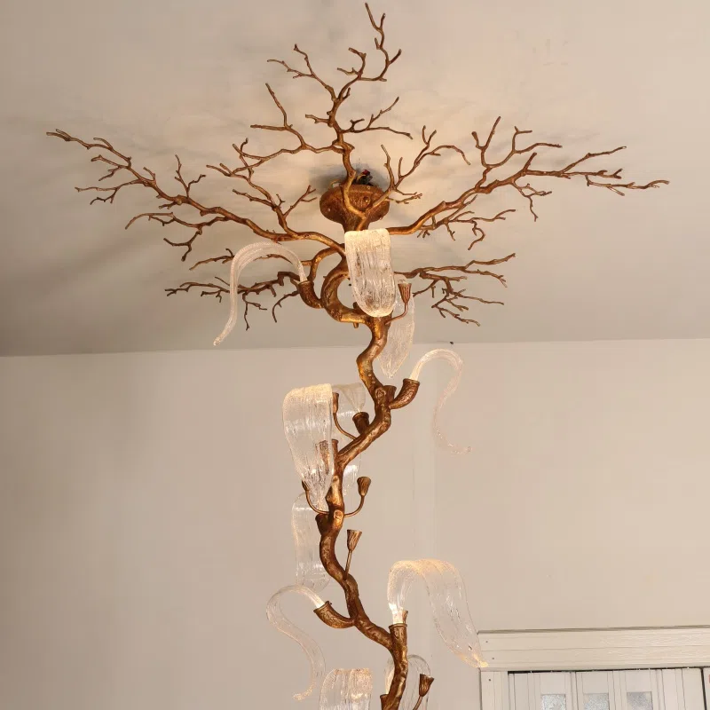 Metal Solid Chandelier Brass Copper Bronze Light Ceiling Decor Tree Branch in Copper and Glass, product photograph