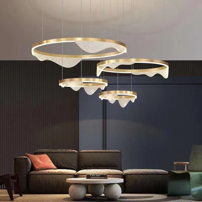 Circle Ring Black Gold Pendant Lamp in Aluminum Spray Paint and Acrylic, product photograph