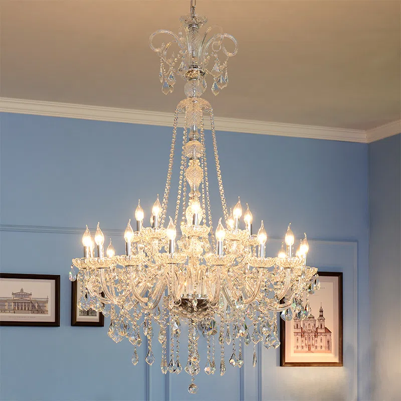 Clear Glass Candle Chandelier in Iron and Crystal and Glass and Fabric, product photograph
