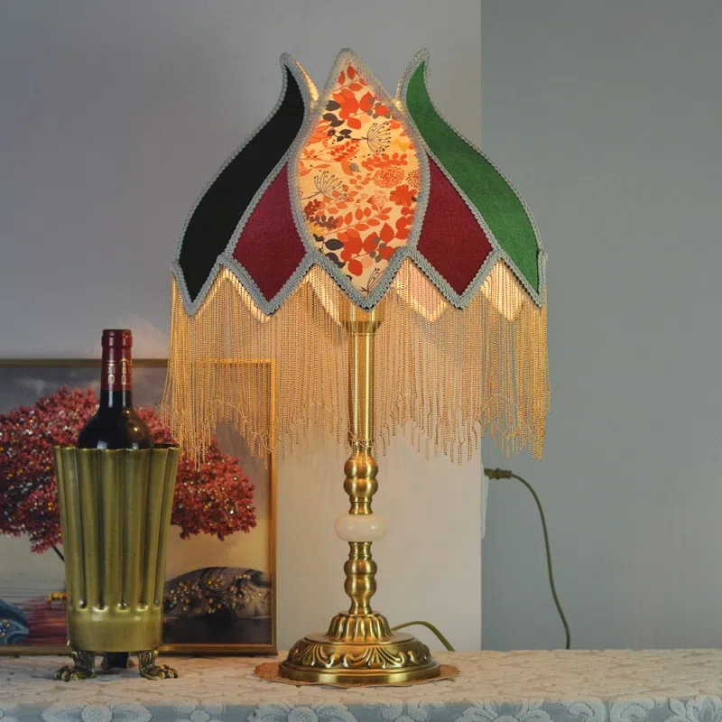 Victorian Copper Fabric Tassel LED Table Lamp in Copper and Marble and Fabric, product photograph
