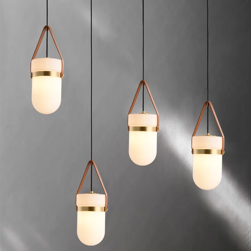 H35.5CM Copper Glass Leather Pendant Light in Copper and Glass and Leather, product photograph