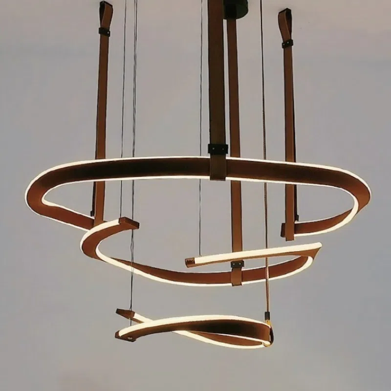 Nordic Creative Art Leather Pendant Lamp in Iron and Leather, product photograph