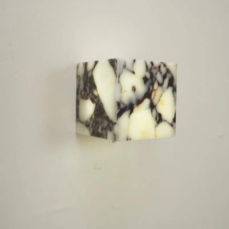 Cube Edge 12cm Natural Marble Wall Light in Hardware and Bulgari Stone, product photograph