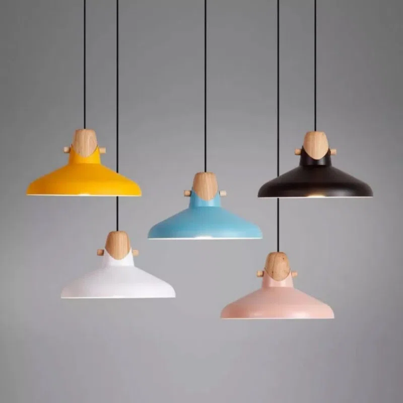 Customizable Colors Wood Pendant Light in Aluminum Cover and Wood, product photograph