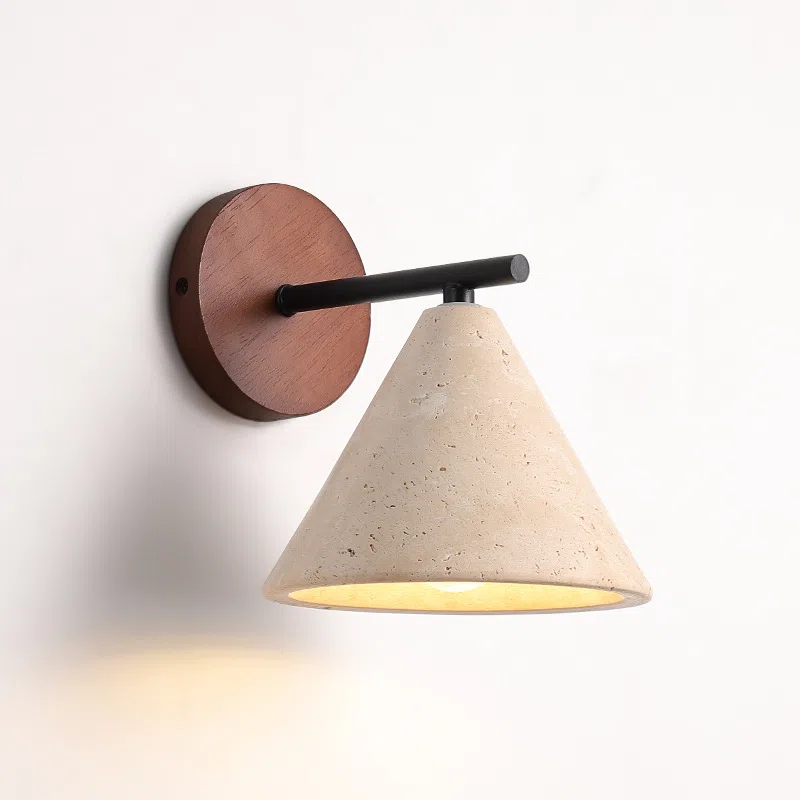 D13cm Cone Yellow Travertine LED Wall Light in Wood and Yellow Travertine, product photograph