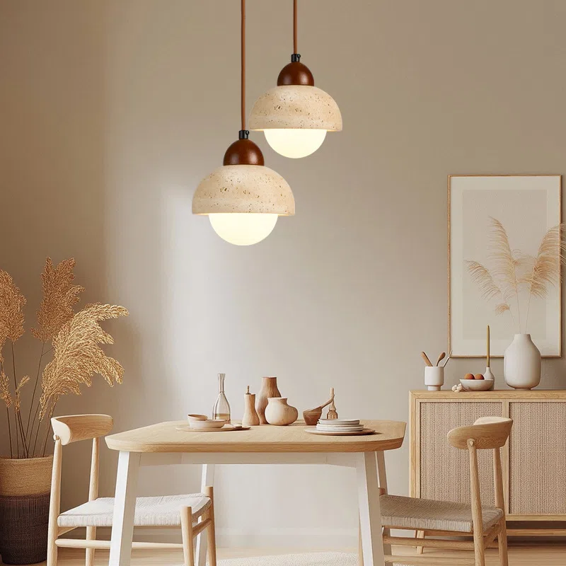 D15cm Ball Stone LED Pendant Light in Wood and Yellow Travertine, product photograph