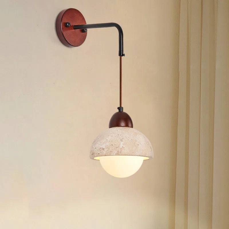 D15cm Natural Stone Ball Wall Light in Wood and Yellow Travertine, product photograph