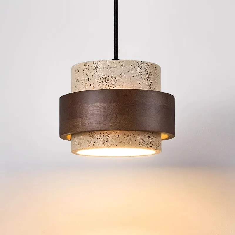 D17cm Yellow Stone LED Pendant Lamp in Yellow Travertine and Wood and Metal, product photograph