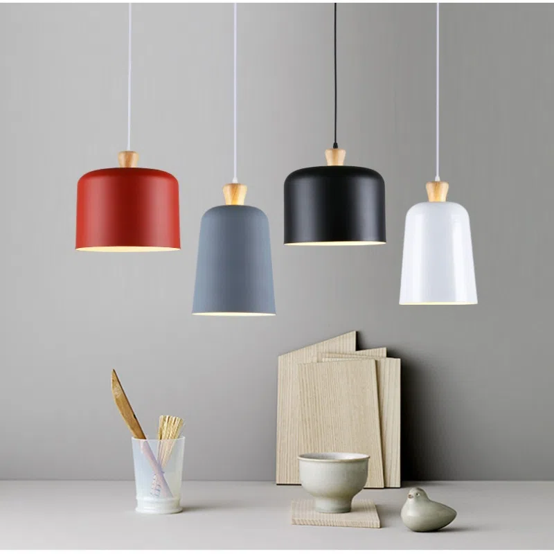 D23/26/28cm Aluminium Pendant Light in Aluminum and Wood, product photograph