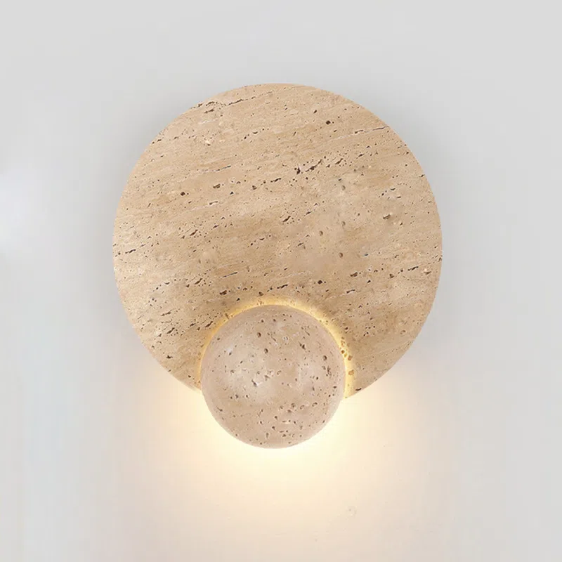 D23cm Travertine Reading LED Wall Light in Wood and Yellow Travertine, product photograph