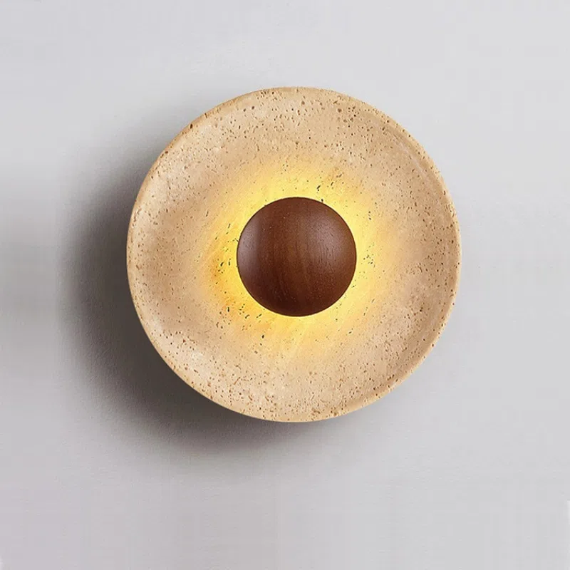 D25cm Natural Stone Wall Light in Wood and Yellow Travertine, product photograph