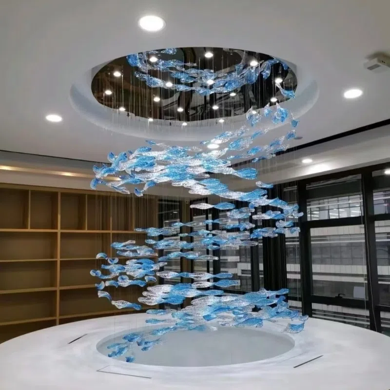 Duplex Luxury Fish Custom Glass Chandelier in Stainless Steel and Glass, product photograph