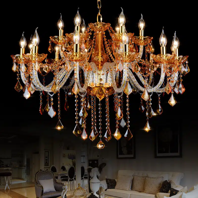 E14 Amber Crystal Candle Chandelier in Iron and Crystal and Glass and Fabric, product photograph