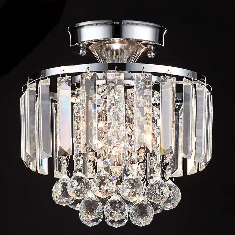 E14 Round Iron Crystal Ceiling Light in Iron and Crystal, product photograph