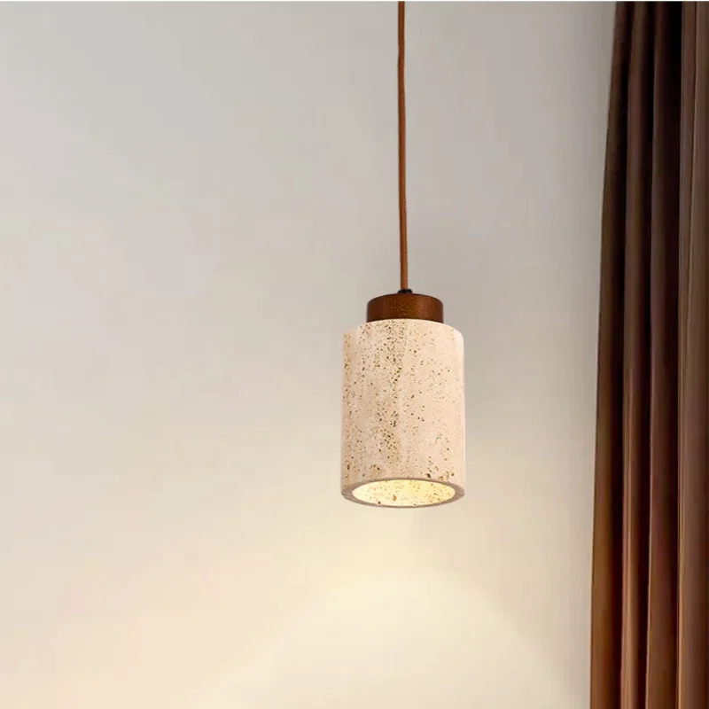 E27/E26 Yellow Travertine Wood Pendant Light in Yellow Travertine and Wood and Metal, product photograph