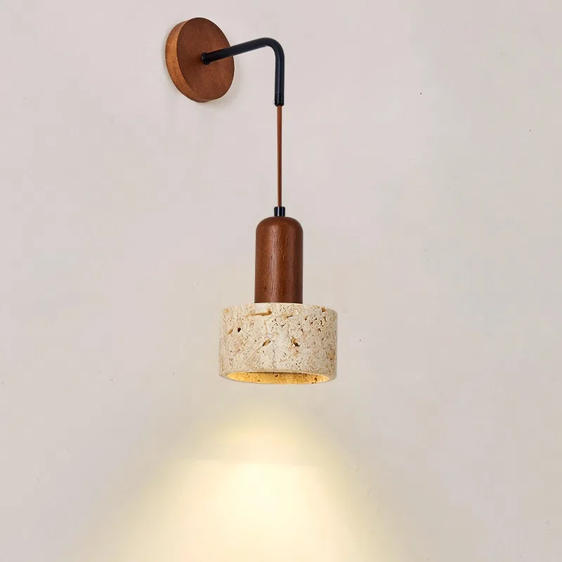E27/E26 Yellow Travertine Wood Wall Lamp in Wood and Yellow Travertine, product photograph
