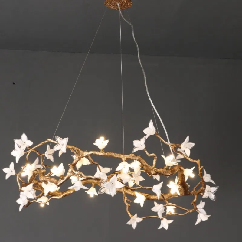 H40CM Flower Brass Tree Branch Chandelier in Copper and Glass, product photograph