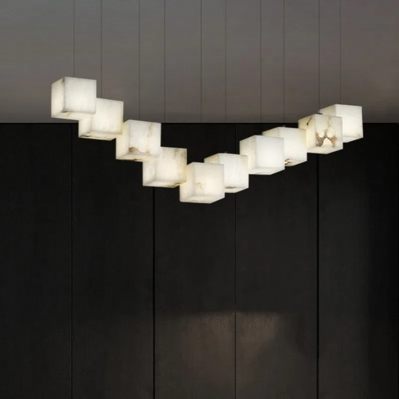 G9 Cube White Marble Pendant Light in Stainless Steel and Marble, product photograph