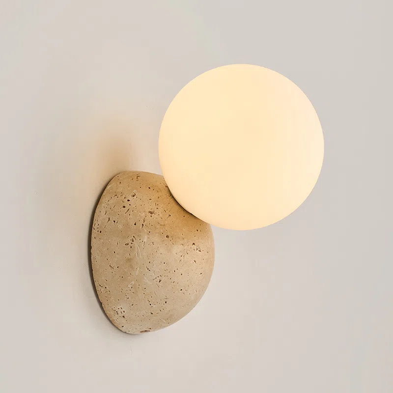 G9 Travertine Round Ball LED Wall Lamp in Wood and Yellow Travertine, product photograph