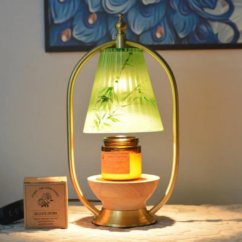 Dimmable Glass Candle Warmer Table Light in Copper and Wood and Glass, product photograph