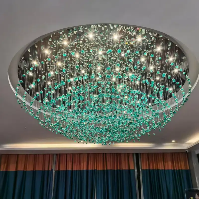 Gold Green Blue Custom Glass Chandelier in Stainless Steel and Glass, product photograph
