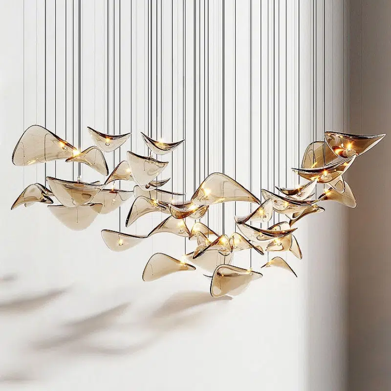 Gold Transparent Grey Custom Round Glass Chandelier in Stainless Steel and Glass, product photograph