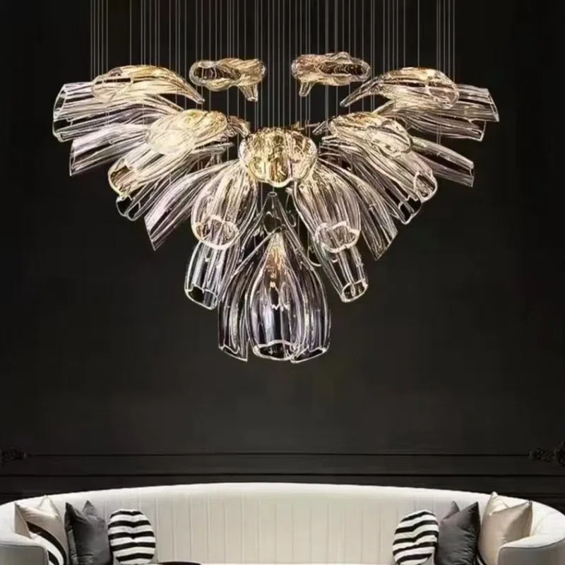 Gold Transparent Petal Custom Glass Chandelier in Stainless Steel and Glass, product photograph