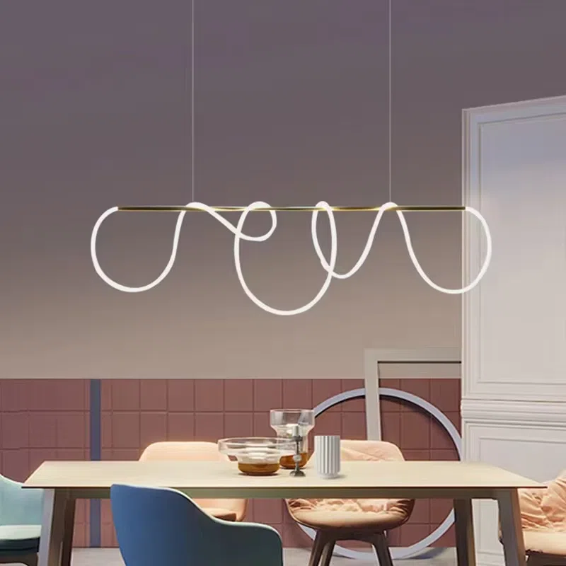 Gold White Linear Art Pendant Lamp in Silicone and Iron, product photograph