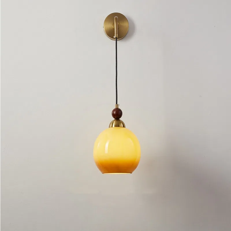 Golden LED Bedside Iron Glass Wall Lamp in Iron and Wood and Glass, product photograph