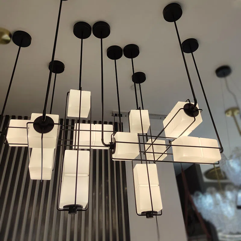 Golden Black Magic Cube Glass LED Pendant Light in Iron and Aluminum, product photograph