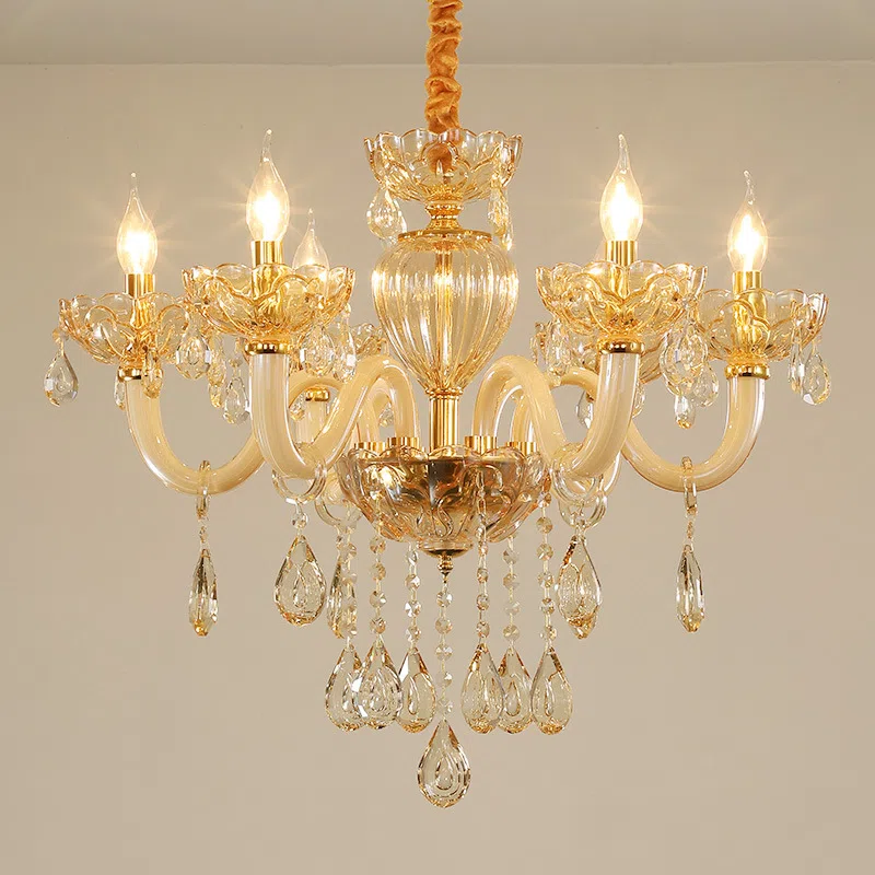 Golden Glass Crystal Chandelier in Iron and Crystal and Glass, product photograph