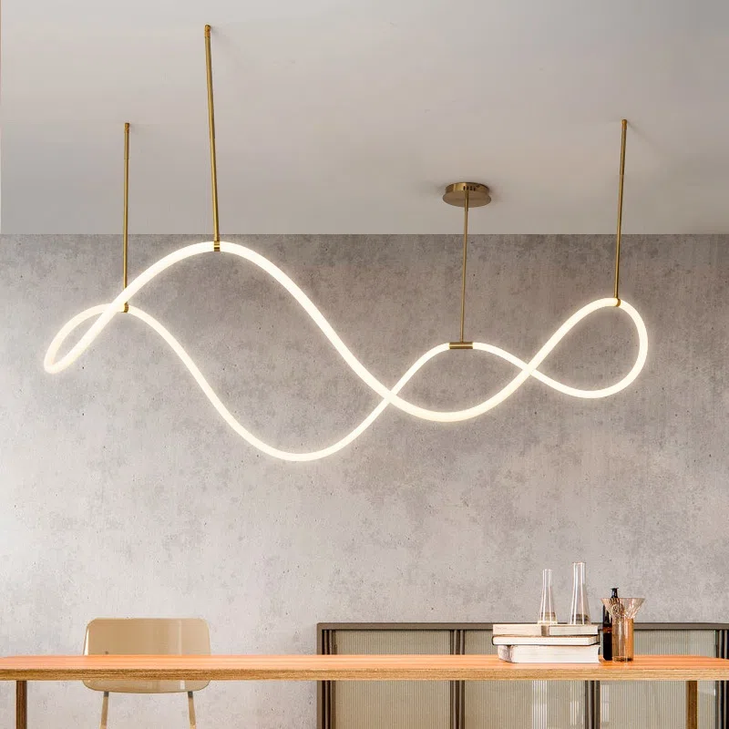 Gold White S-shaped Line Pendant Lamp in Silicone and Metal, product photograph