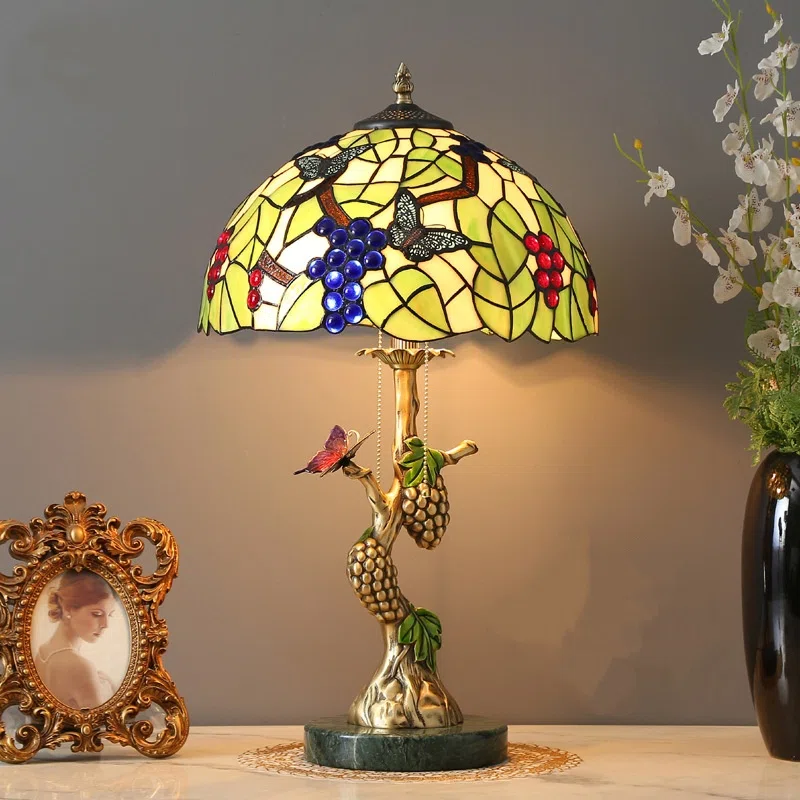 Grape Stained Glass Green Leaf Floral Table Light in Copper and Glass, product photograph