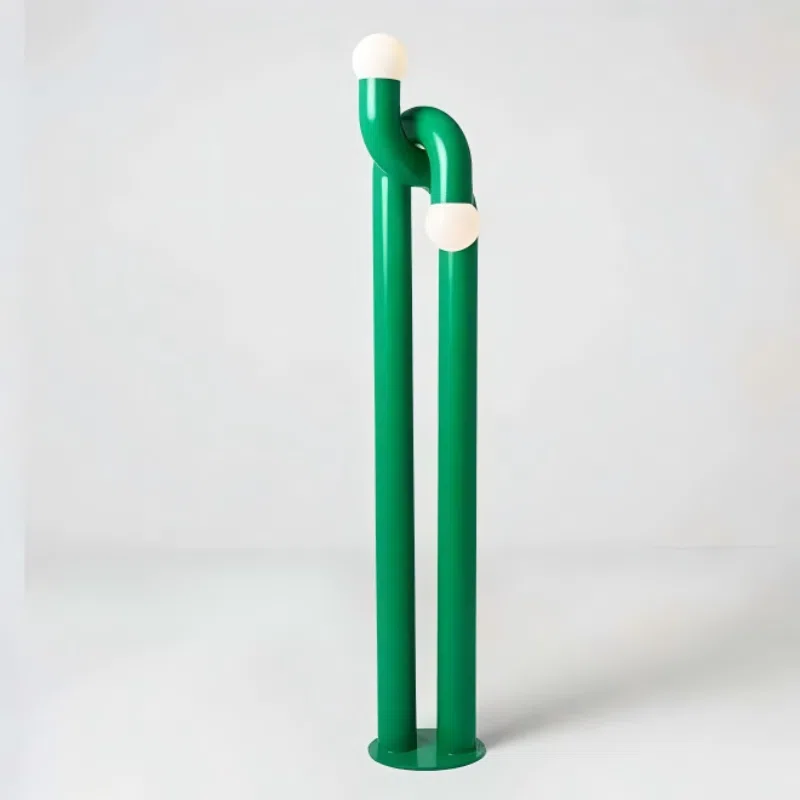 Green Orange Curved Tube LED Floor Light in Iron and Glass and Stainless Steel, product photograph