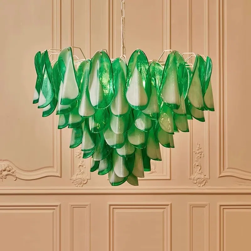 Green Pink Petal Glass Pendant Light in Iron Plating and Glass, product photograph