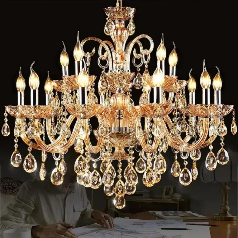 Grey Brown Amber Crystal Chandelier in Iron and Crystal and Glass and Fabric, product photograph