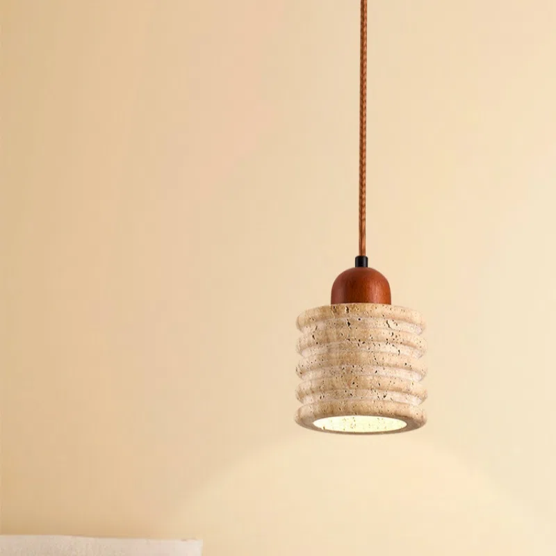 H14cm Natural Stone LED Pendant Lamp in Wood and Yellow Travertine, product photograph